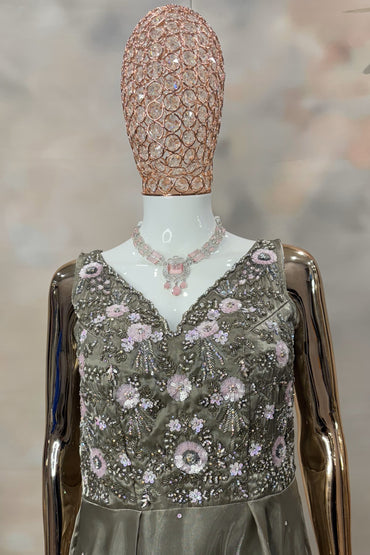 Olive Green Sleeveless Gown with Floral Embellished Bodice