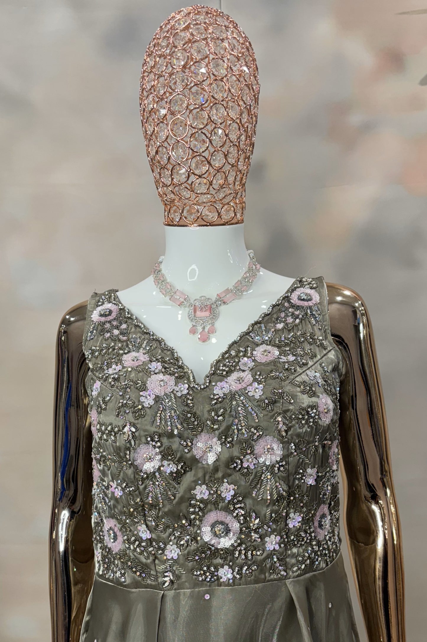 Olive Green Sleeveless Gown with Floral Embellished Bodice