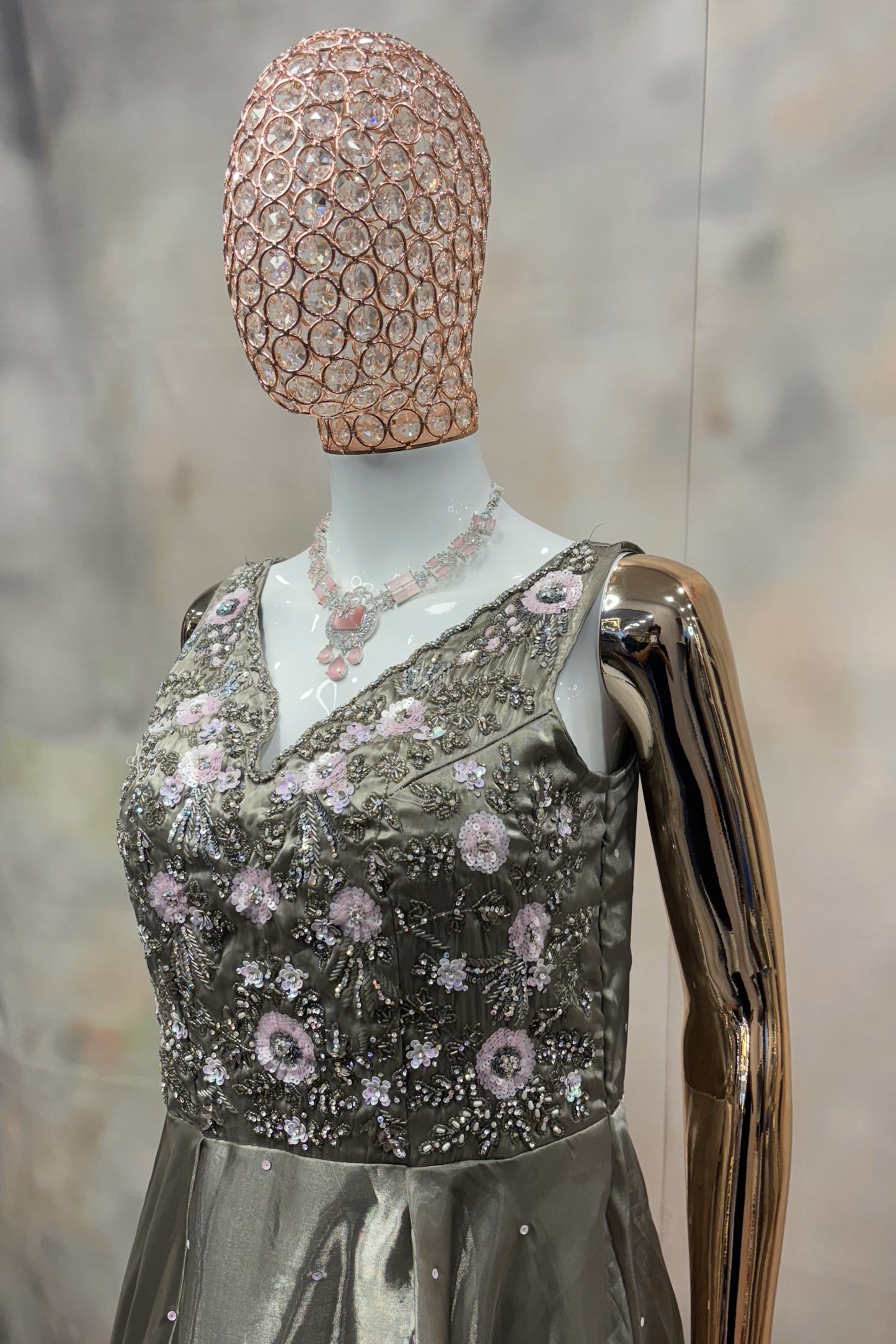 Olive Green Sleeveless Gown with Floral Embellished Bodice