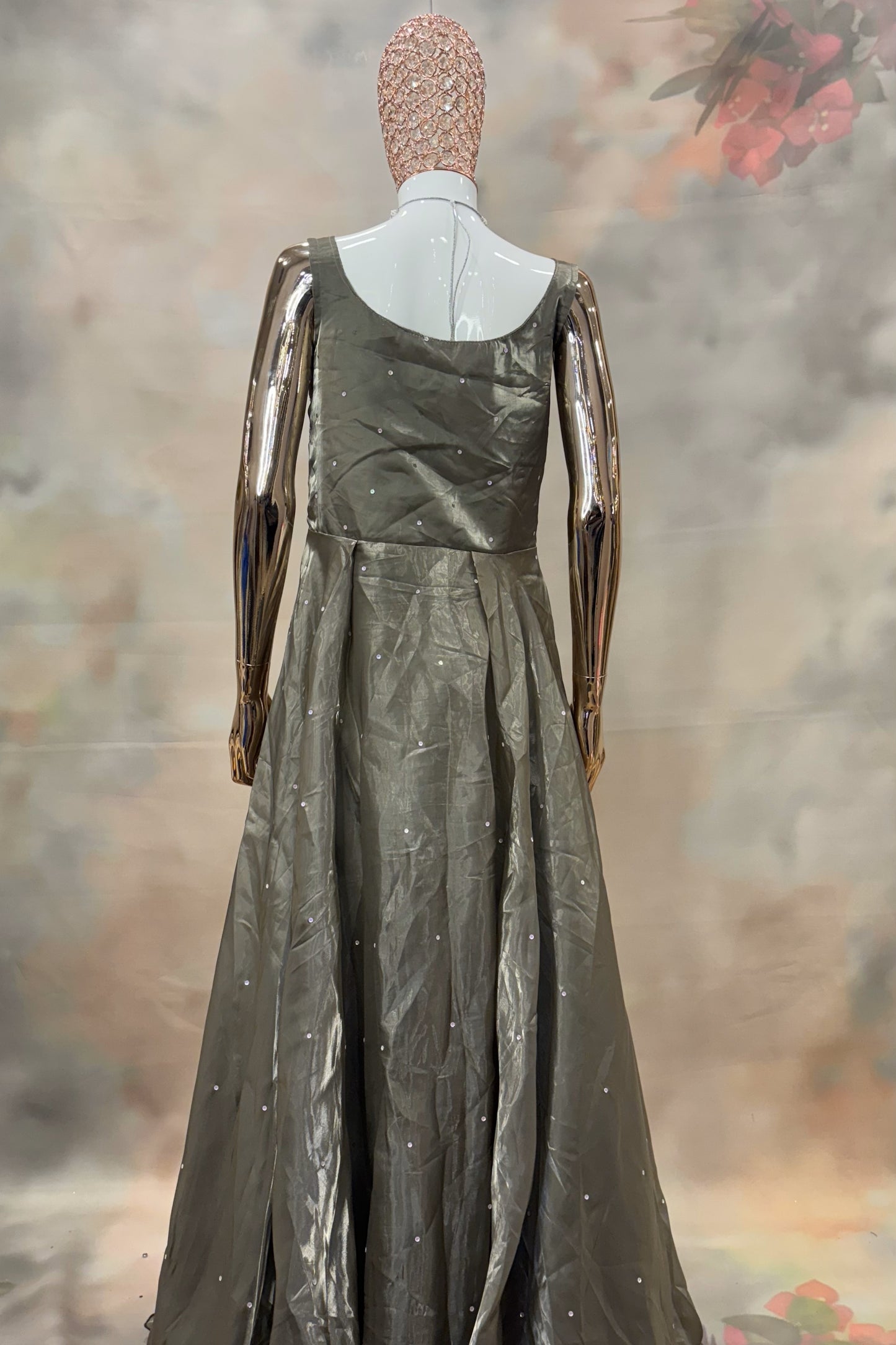 Olive Luxe Gleam – Embroidered Gown with Sequinned Bodice