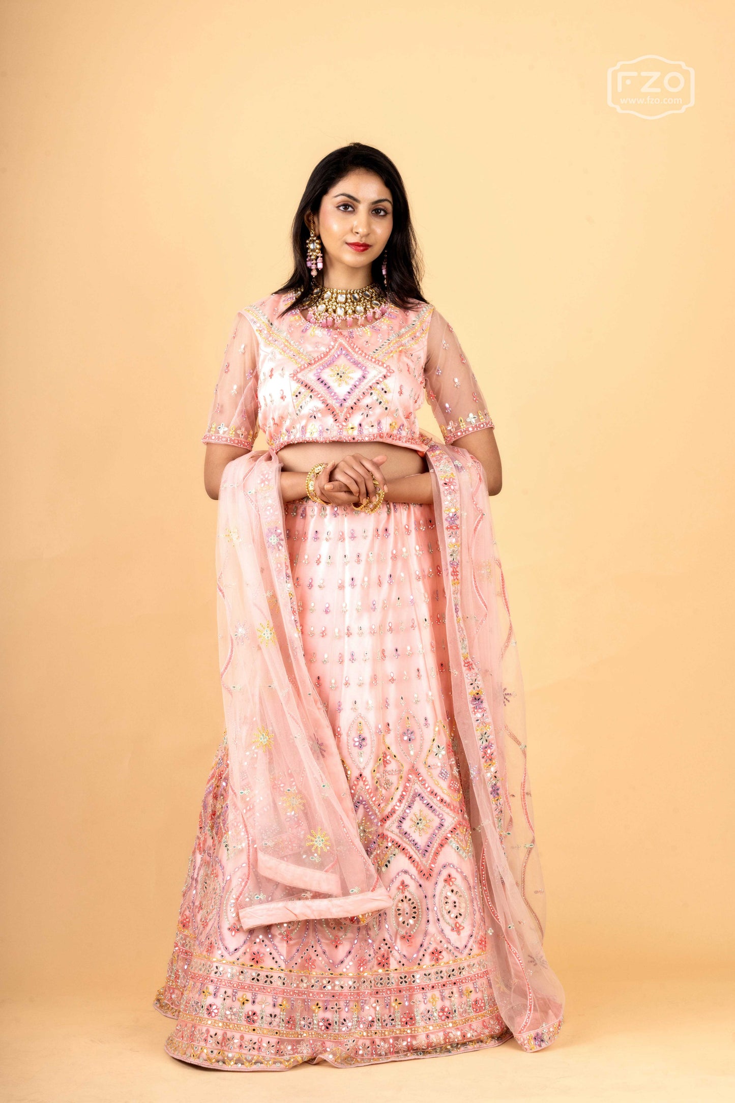 Rosy Radiance – Pink Mirror Work Lehenga Set