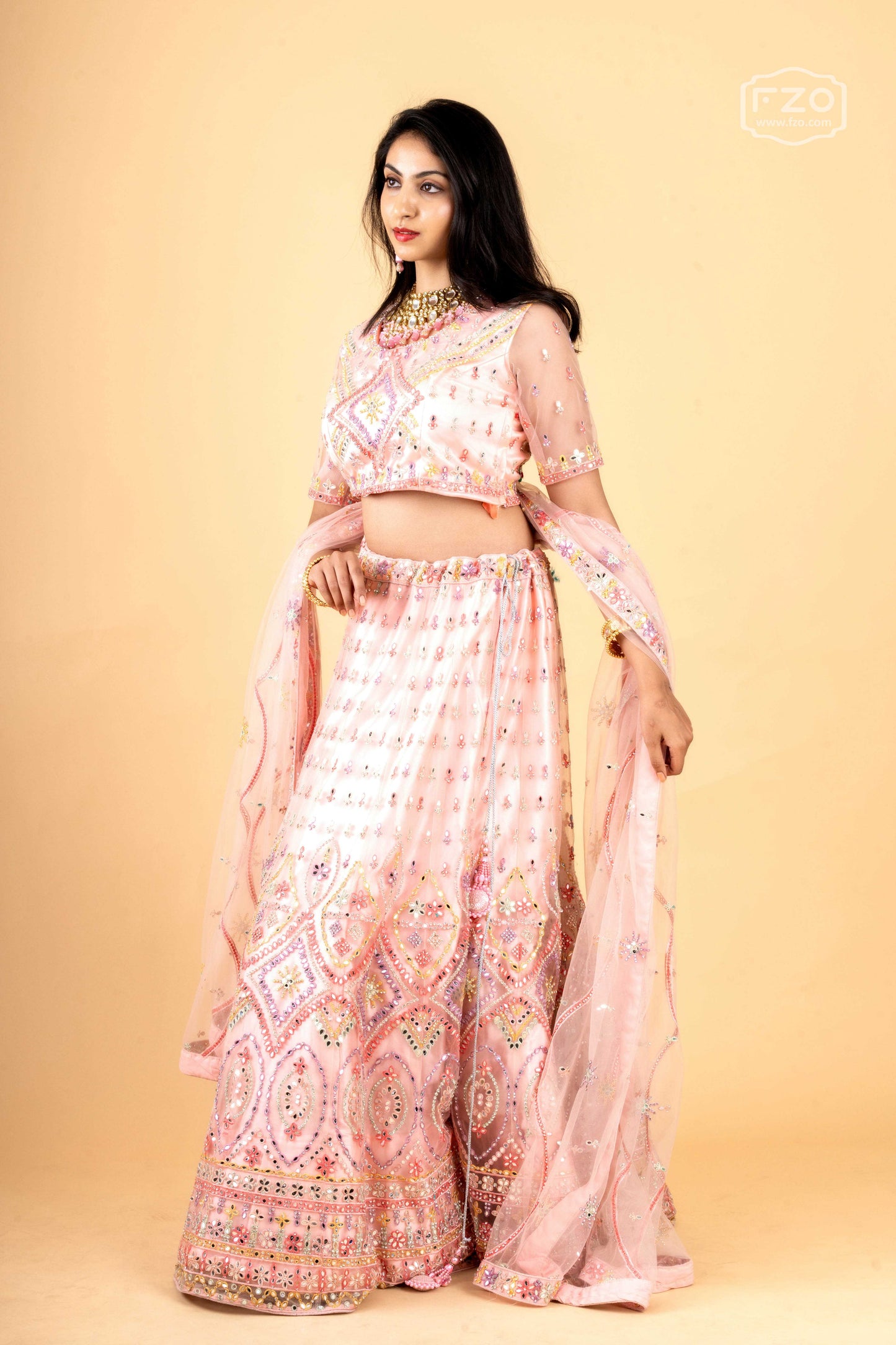Rosy Radiance – Pink Mirror Work Lehenga Set