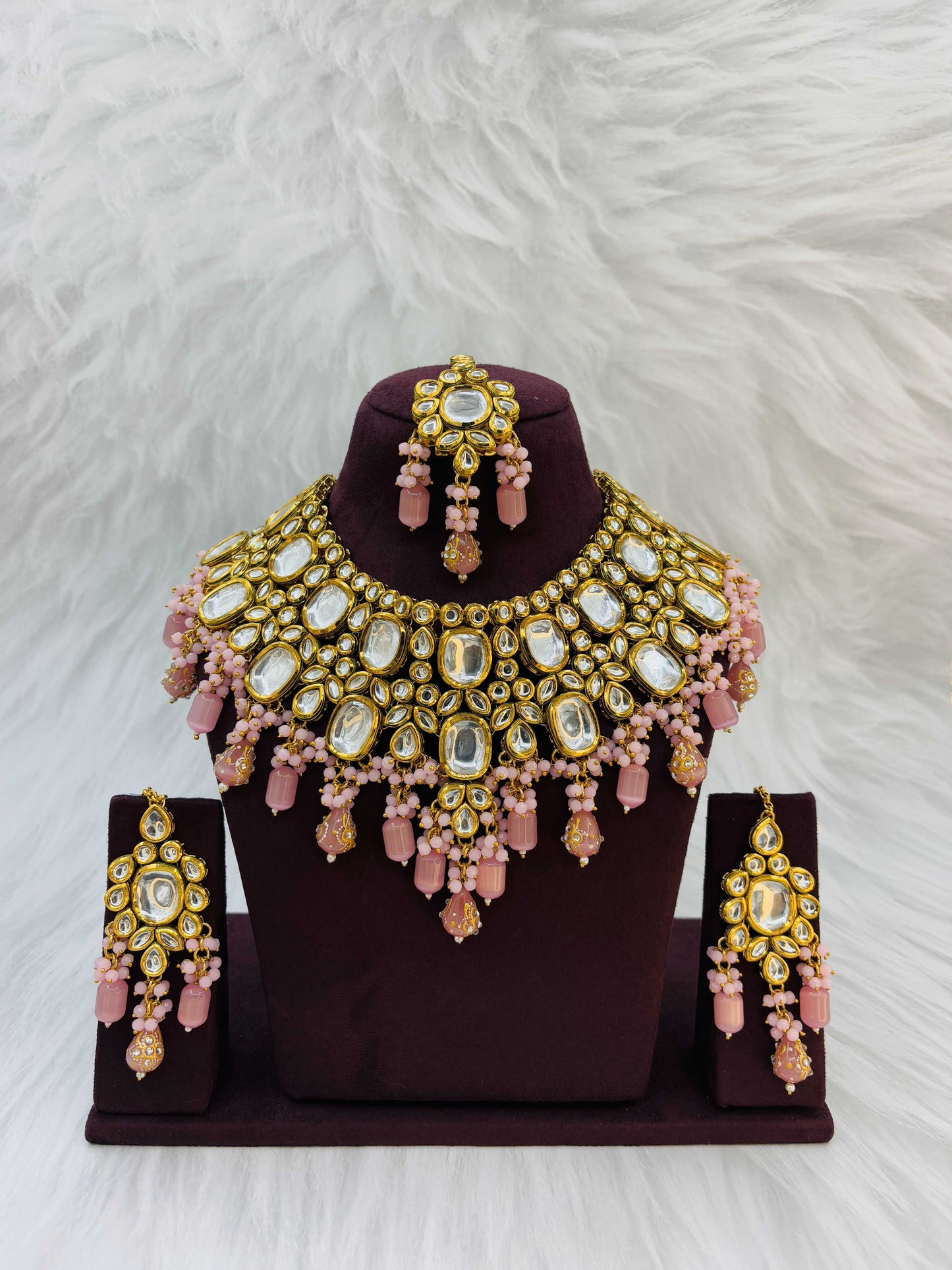 Grand Kundan Bridal Set with Baby Pink Beads & Maang Tikka