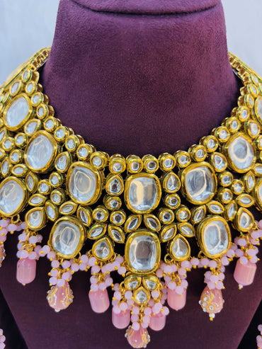 Grand Kundan Bridal Set with Baby Pink Beads & Maang Tikka