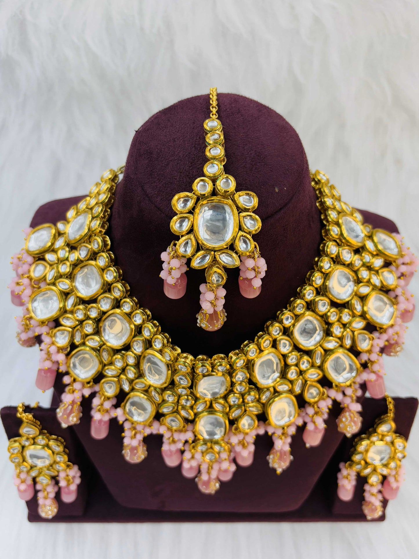 Grand Kundan Bridal Set with Baby Pink Beads & Maang Tikka