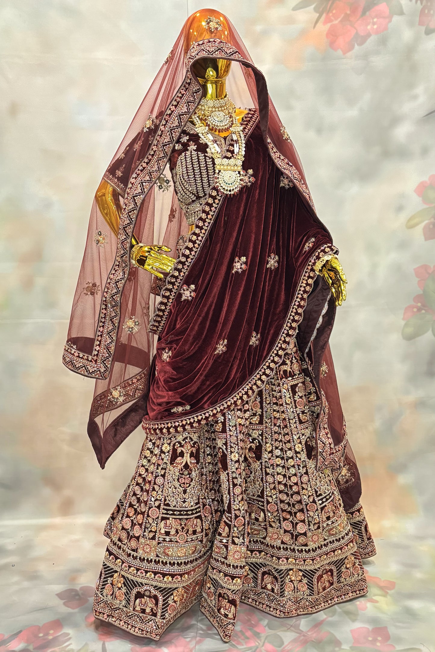 Royal Maroon Velvet Bridal Lehenga Set