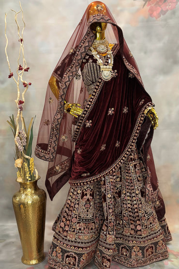 Royal Maroon Velvet Bridal Lehenga Set