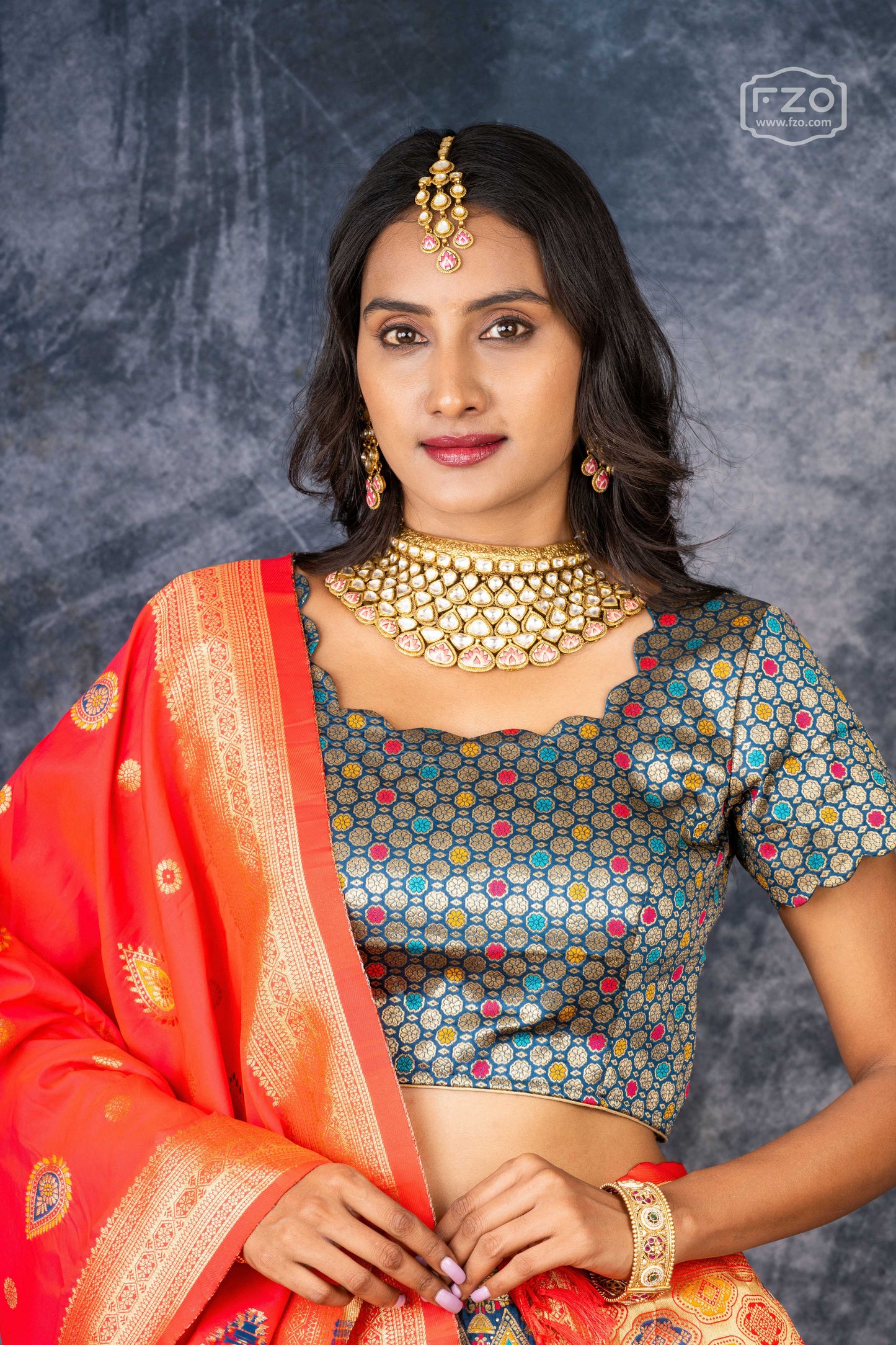 Vibrant Mosaic – Multi-Color Printed Lehenga with Orange Dupatta Set