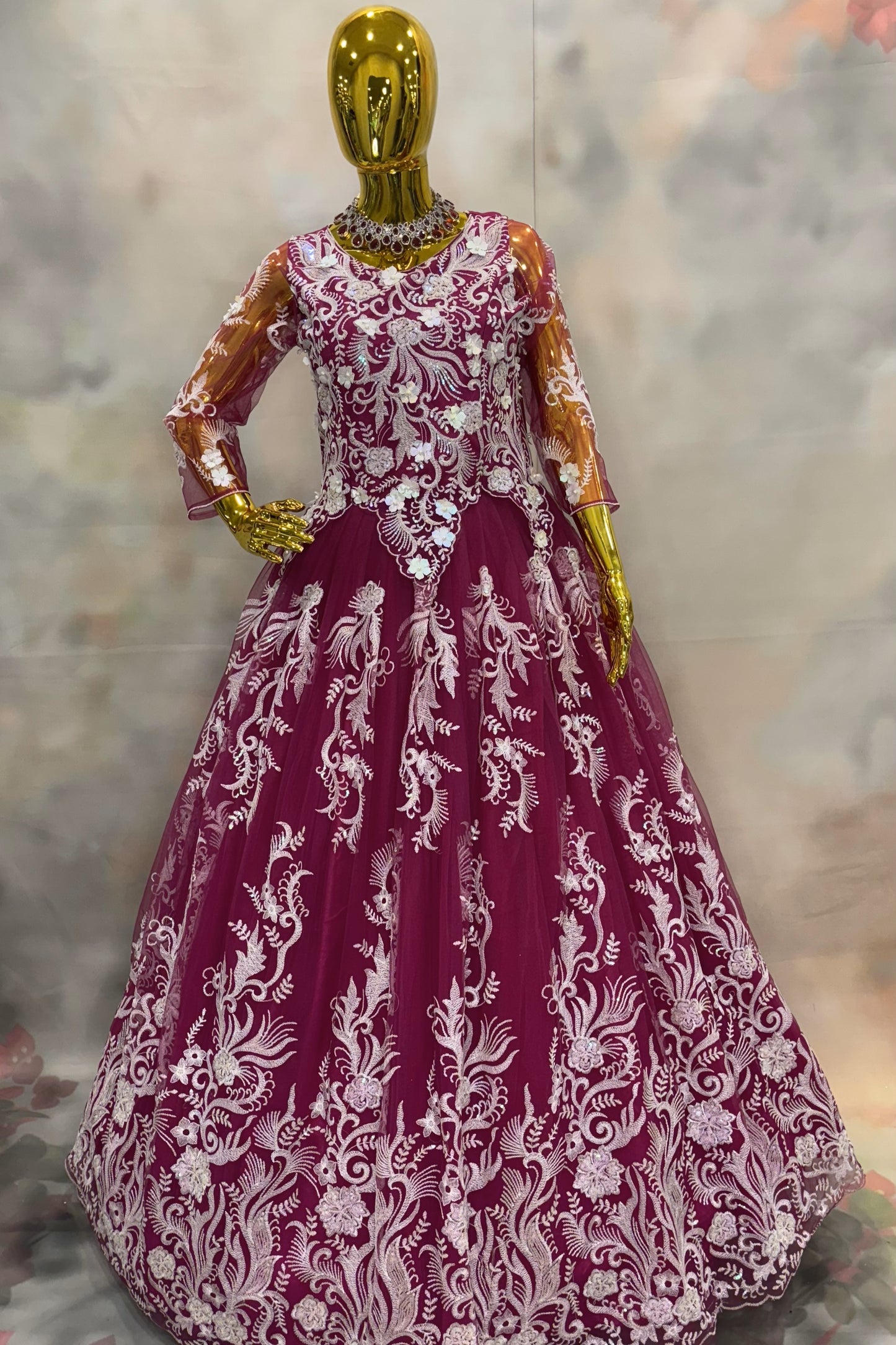 Wine Red Embroidered Ball Gown with White Floral Design
