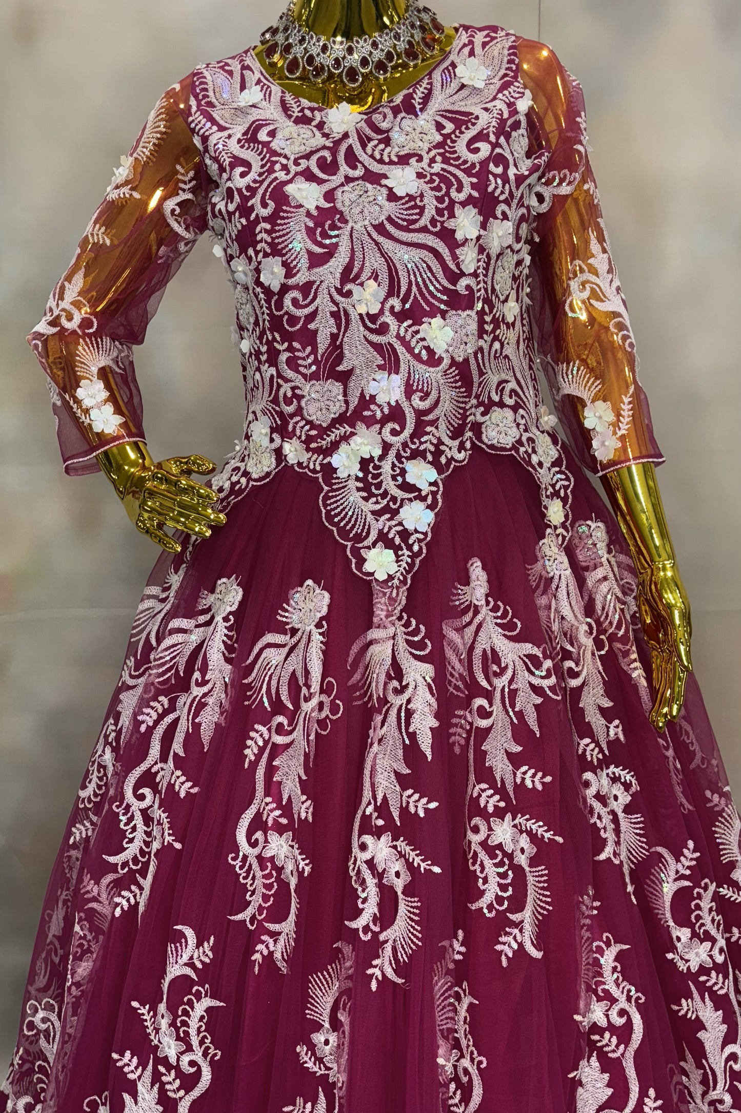 Wine Red Embroidered Ball Gown with White Floral Design