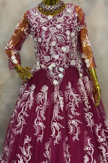 Wine Red Embroidered Ball Gown with White Floral Design