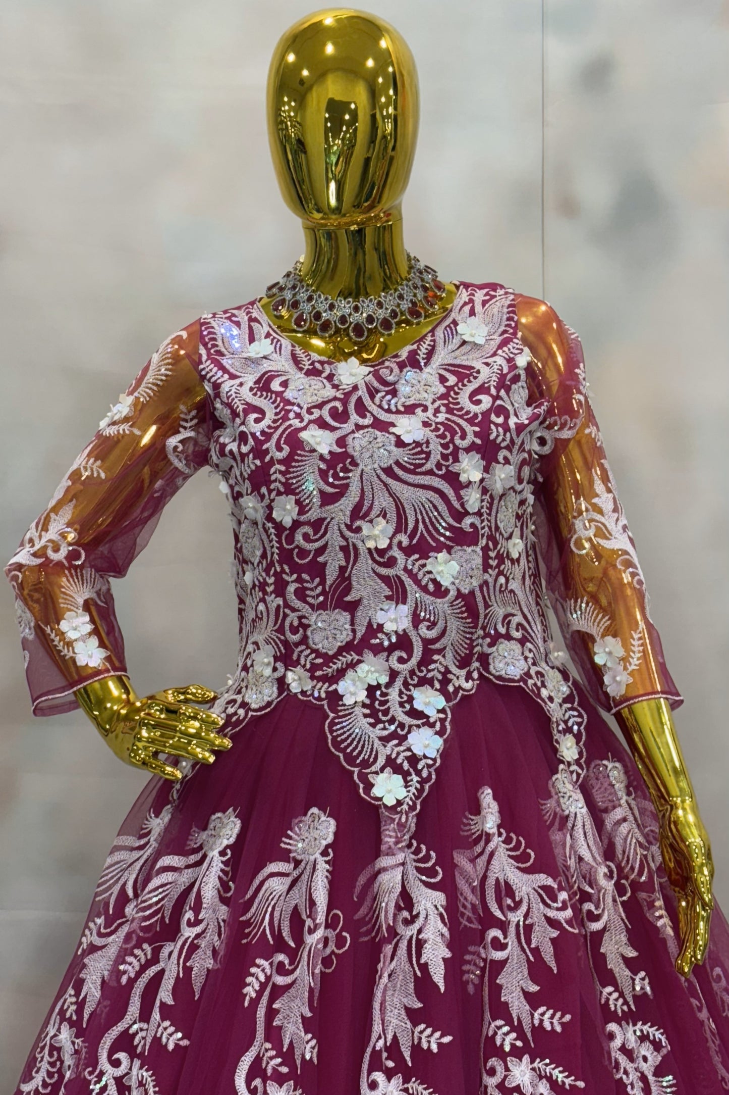 Wine Red Embroidered Ball Gown with White Floral Design