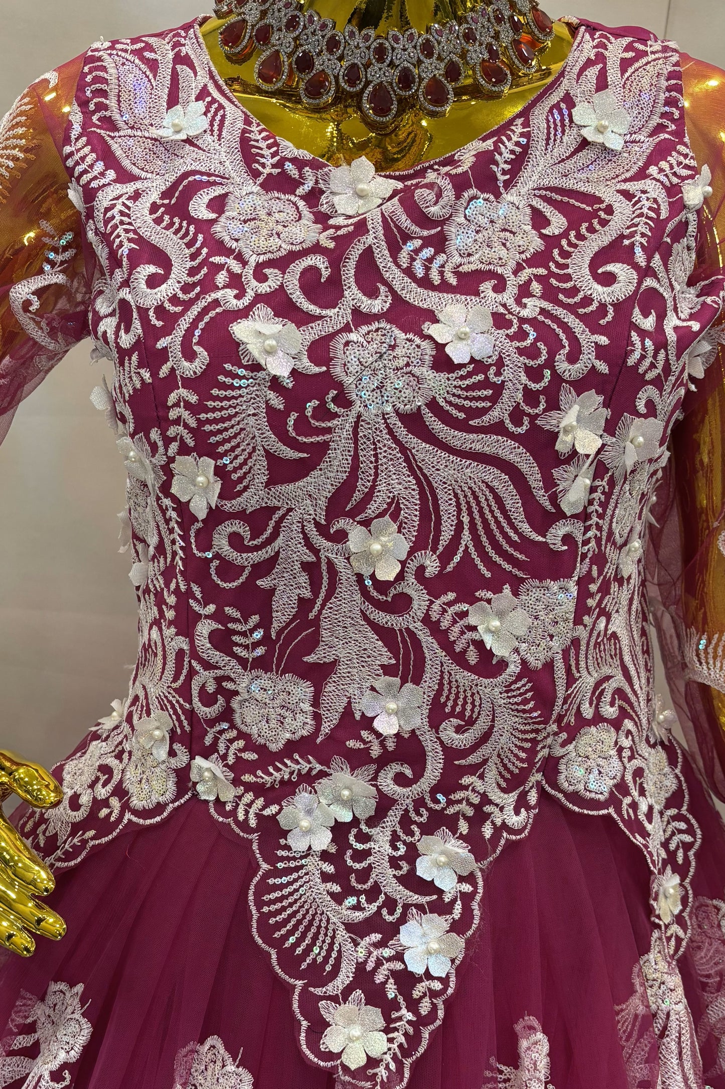 Wine Red Embroidered Ball Gown with White Floral Design