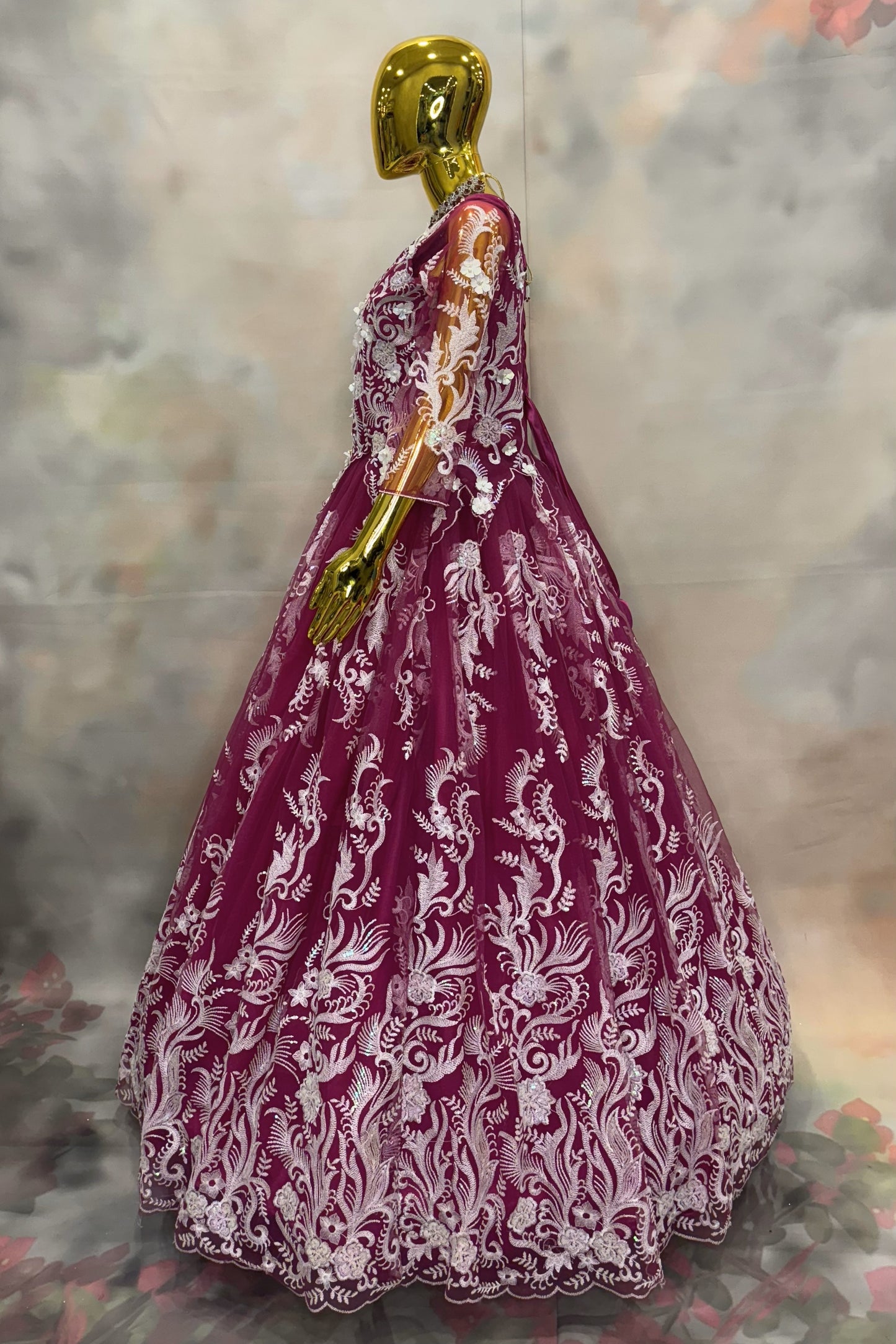 Wine Red Embroidered Ball Gown with White Floral Design