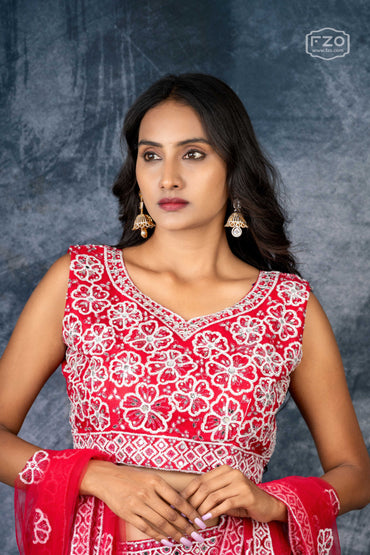 Scarlet Bloom – Red Mirror Embroidered Lehenga for Grand Occasions