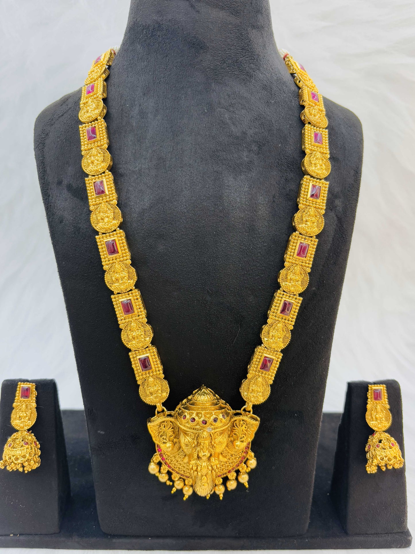Antique Temple Necklace Set with Lakshmi Pendant & Ruby Accents