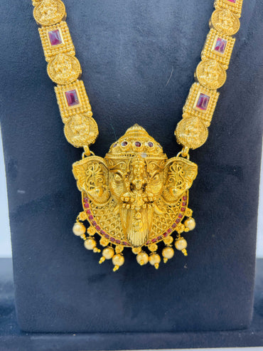 Antique Temple Necklace Set with Lakshmi Pendant & Ruby Accents