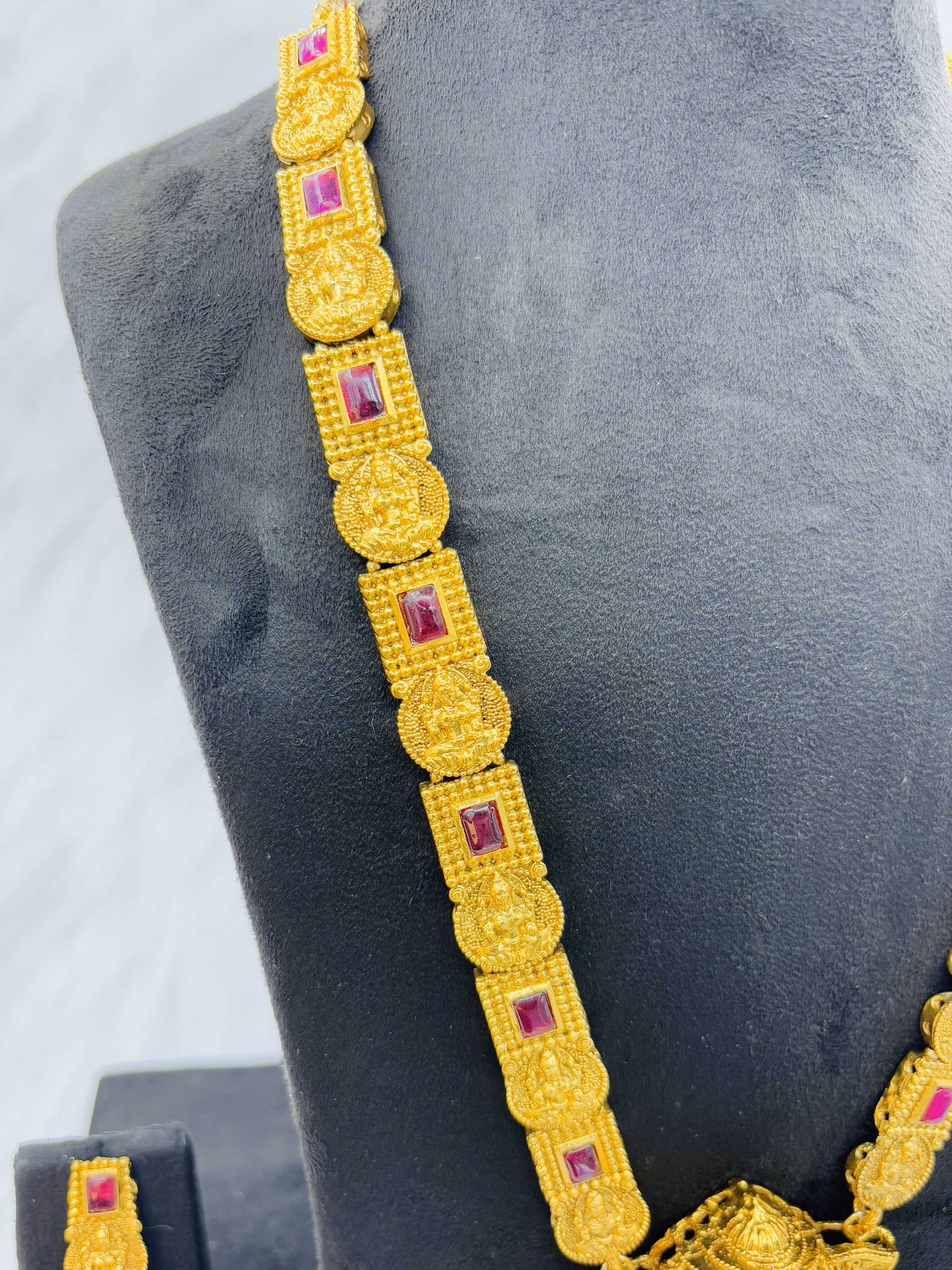 Antique Temple Necklace Set with Lakshmi Pendant & Ruby Accents