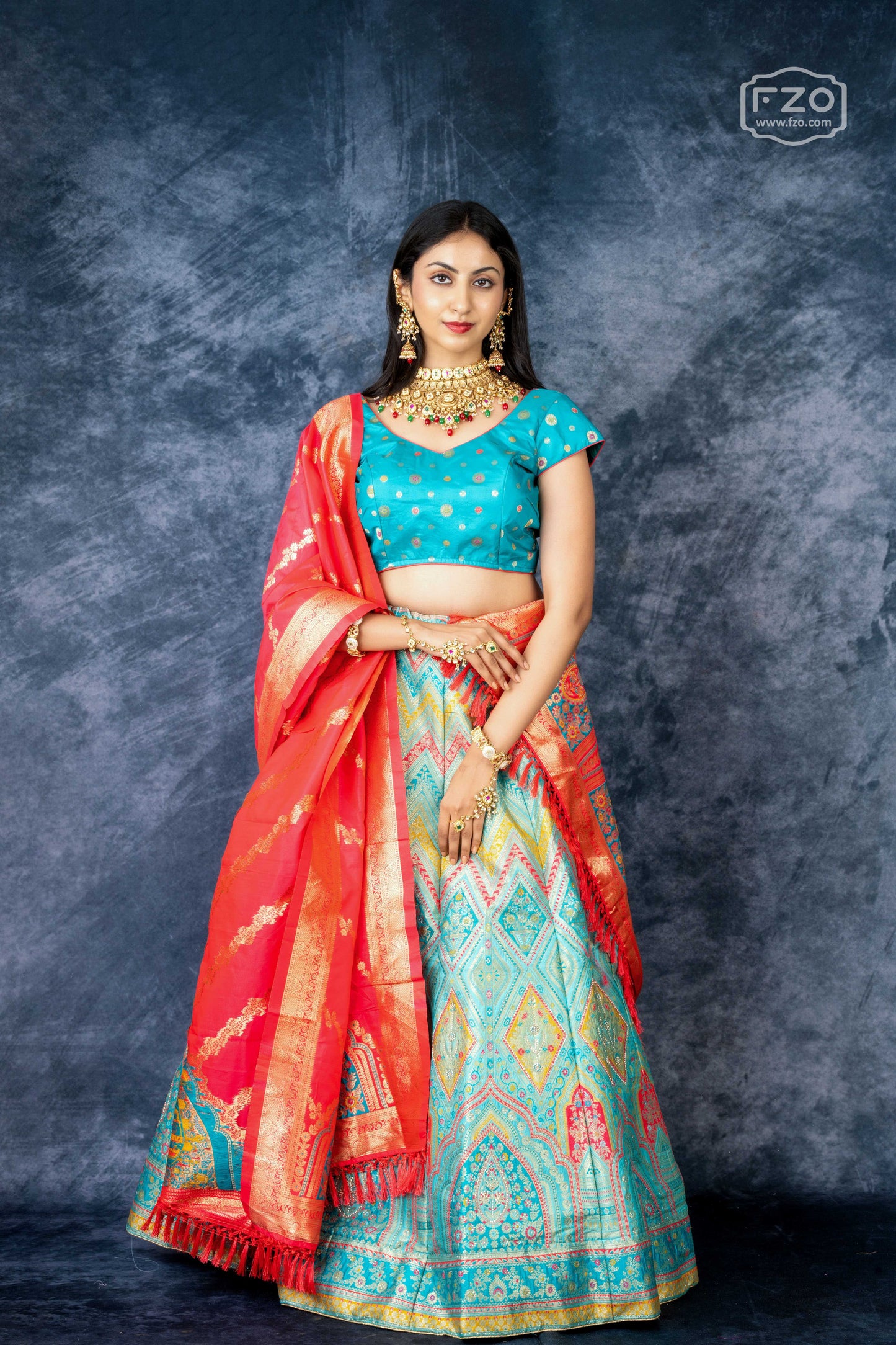 Turquoise Tapestry – Multicolour Banarasi Silk Lehenga with Red Dupatta