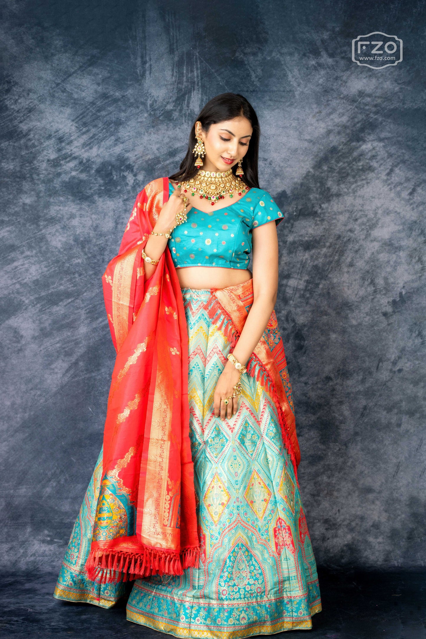 Turquoise Tapestry – Multicolour Banarasi Silk Lehenga with Red Dupatta