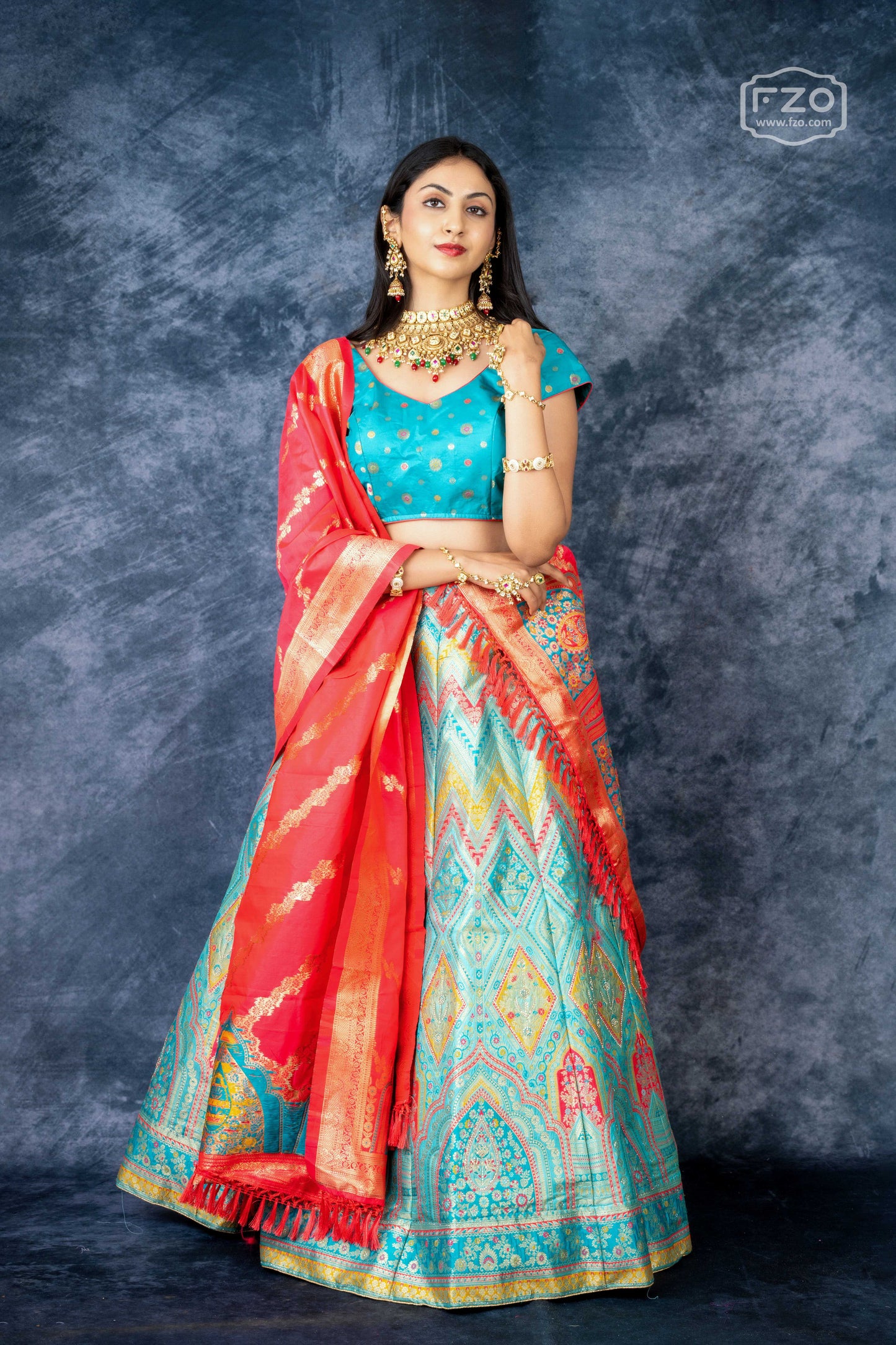Turquoise Tapestry – Multicolour Banarasi Silk Lehenga with Red Dupatta
