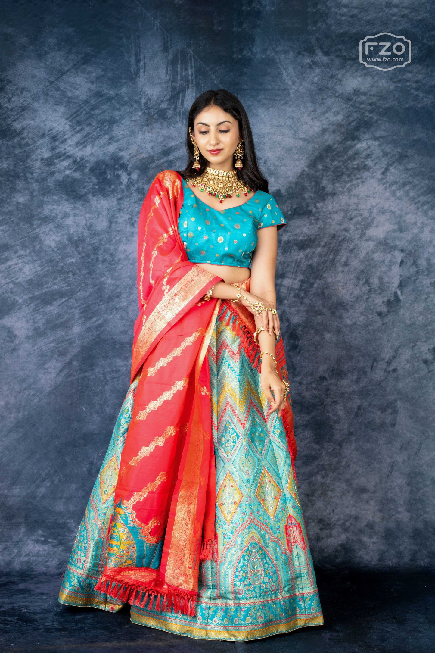 Turquoise Tapestry – Multicolour Banarasi Silk Lehenga with Red Dupatta