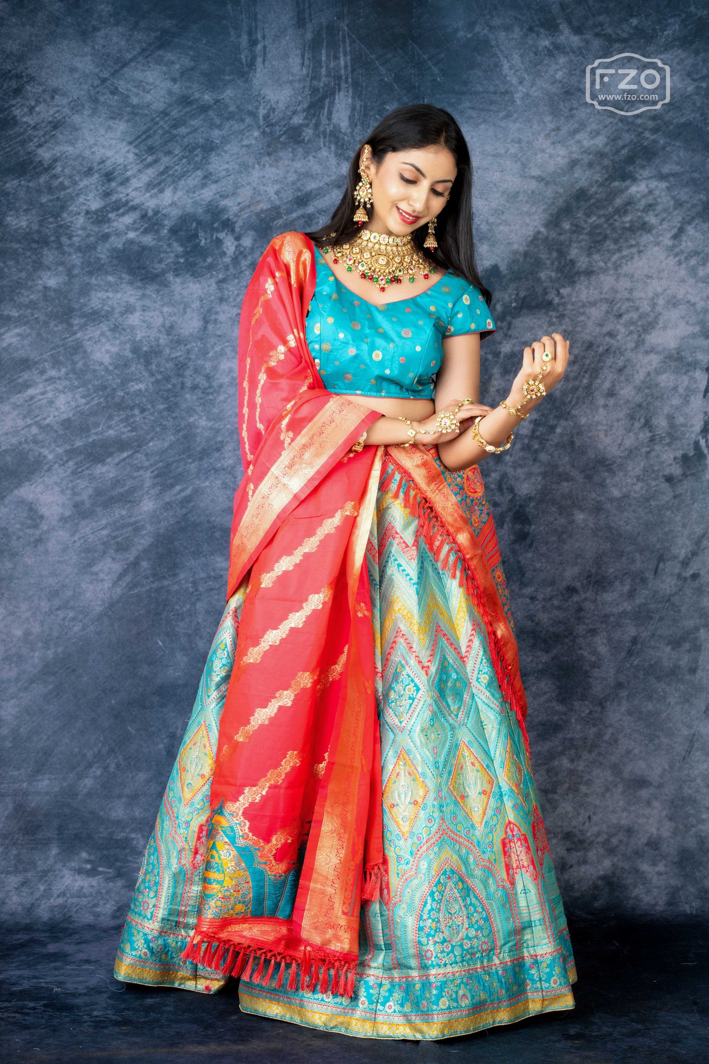 Turquoise Tapestry – Multicolour Banarasi Silk Lehenga with Red Dupatta