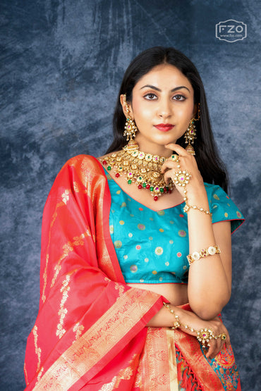 Turquoise Tapestry – Multicolour Banarasi Silk Lehenga with Red Dupatta