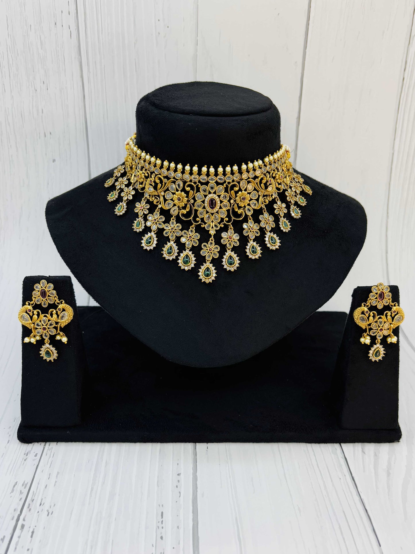 Floral Kundan Emerald Drop Choker Necklace