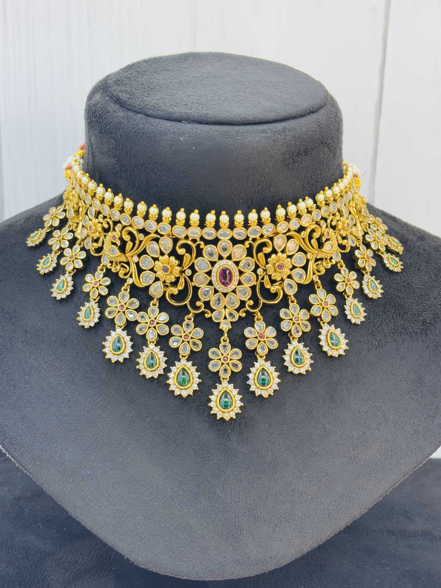Floral Kundan Emerald Drop Choker Necklace