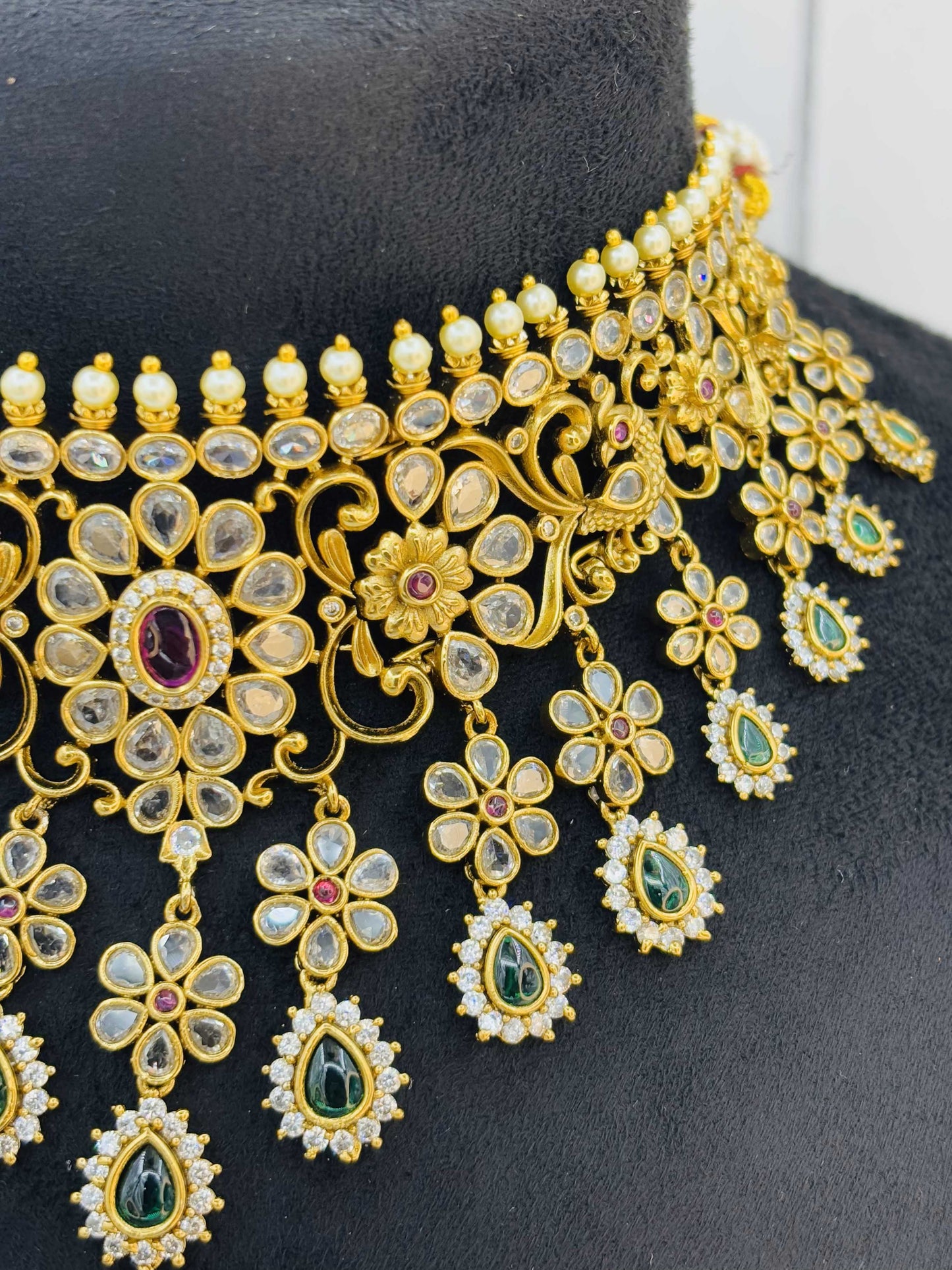 Floral Kundan Emerald Drop Choker Necklace