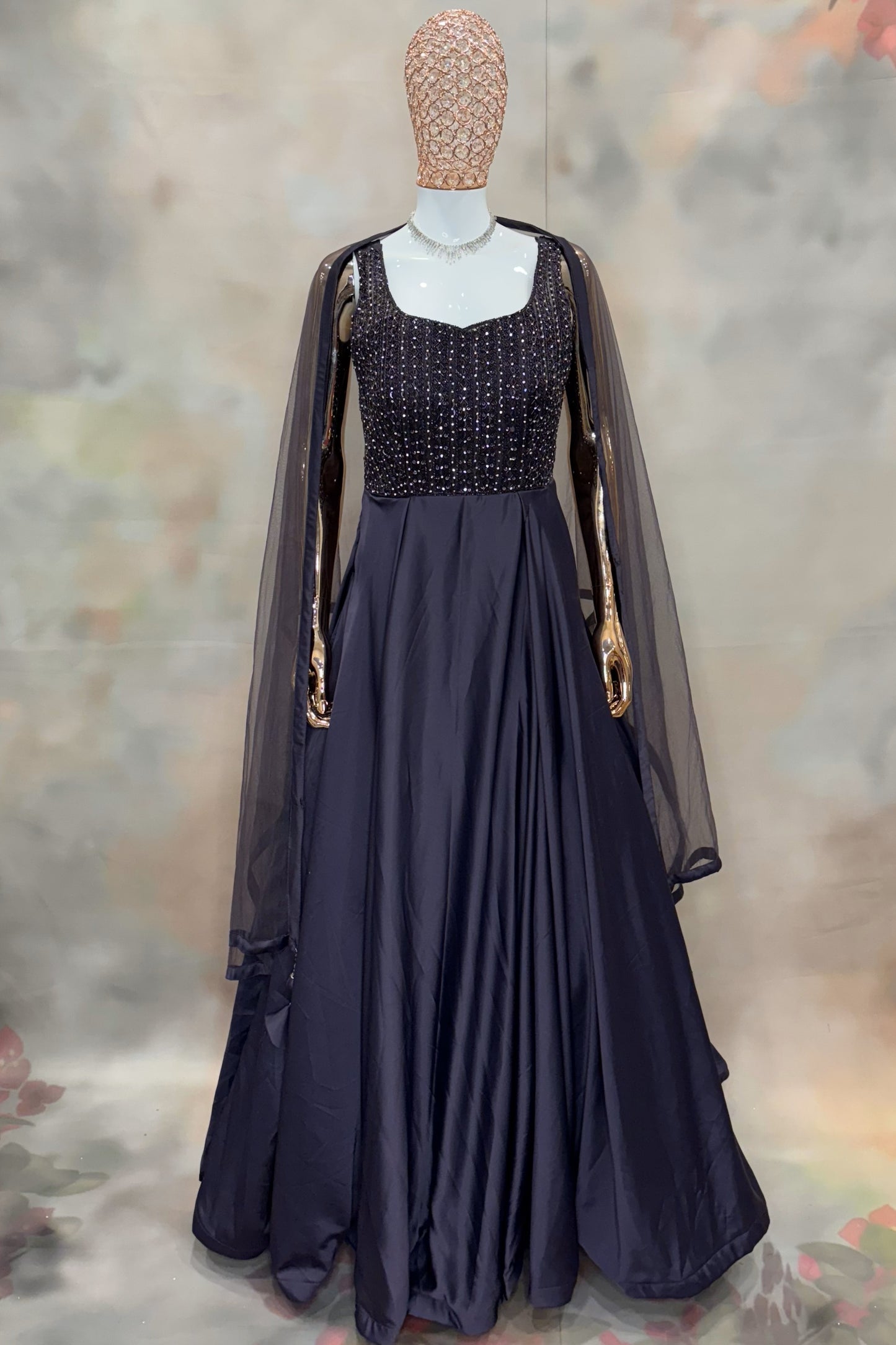 Navy Blue Embellished Gown with Sheer Cape Sleeves