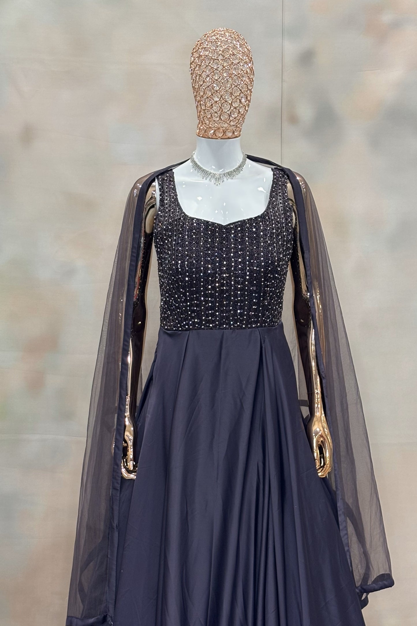Navy Blue Embellished Gown with Sheer Cape Sleeves