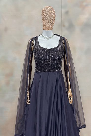 Navy Blue Embellished Gown with Sheer Cape Sleeves