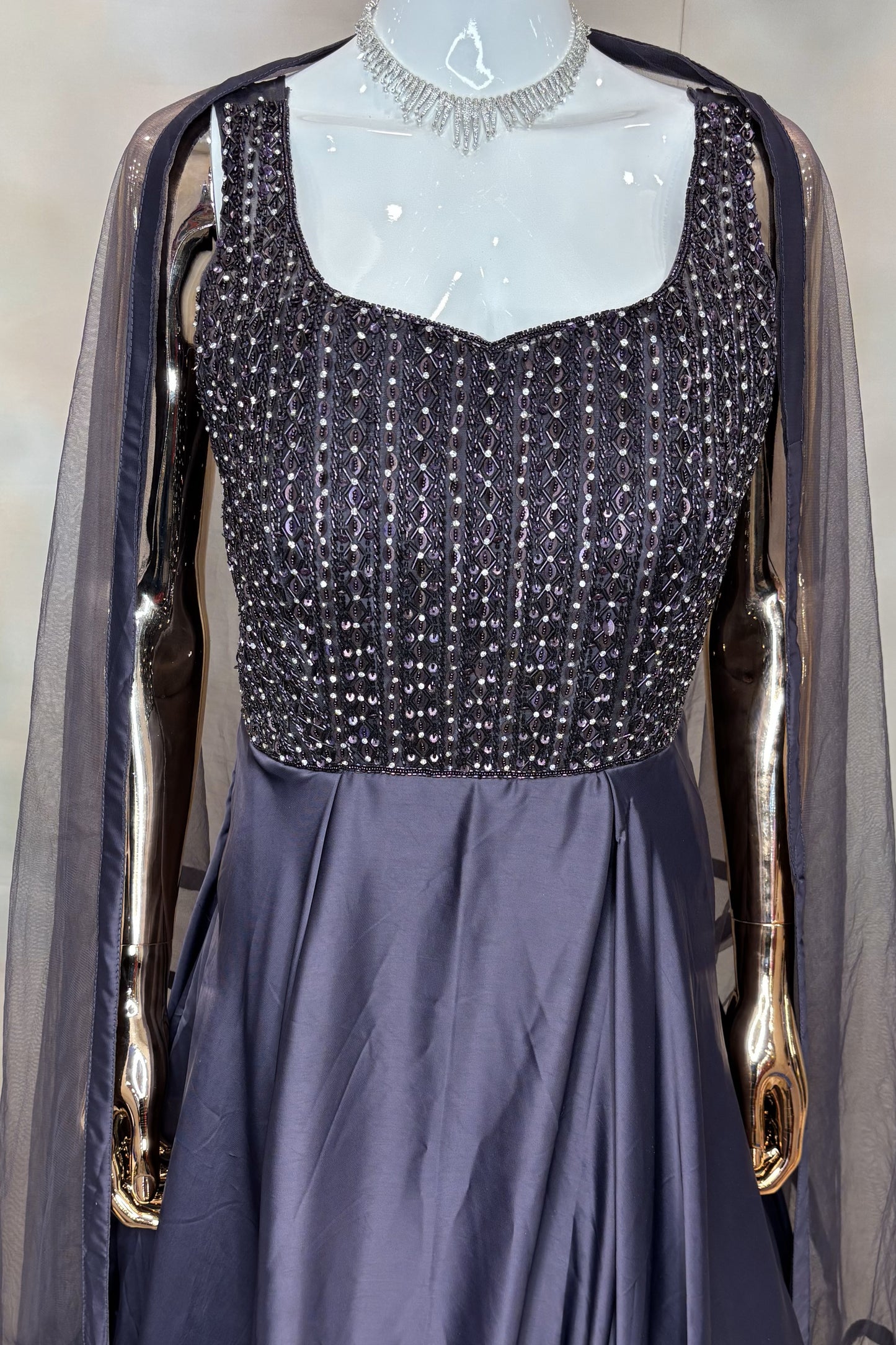 Navy Blue Embellished Gown with Sheer Cape Sleeves