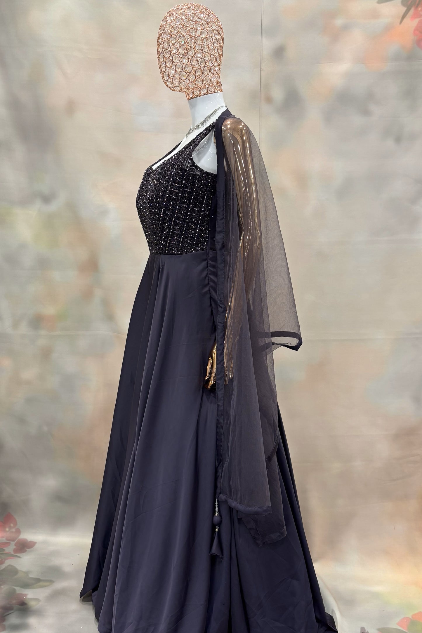 Navy Blue Embellished Gown with Sheer Cape Sleeves