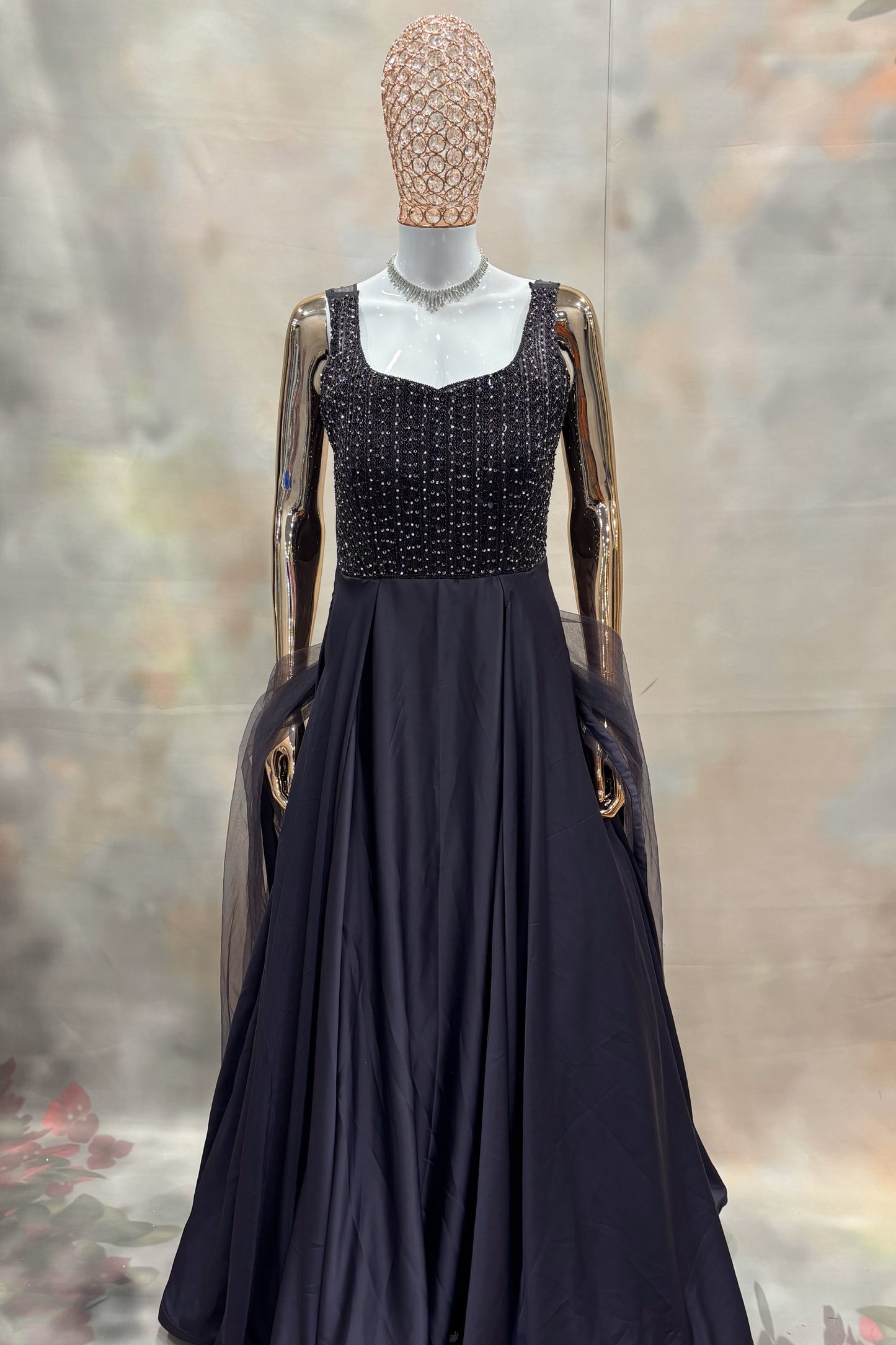 Navy Blue Embellished Gown with Sheer Cape Sleeves