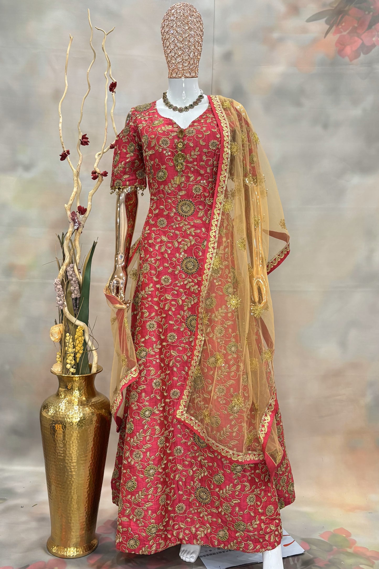 Red Embroidered Anarkali with Golden Net Dupatta