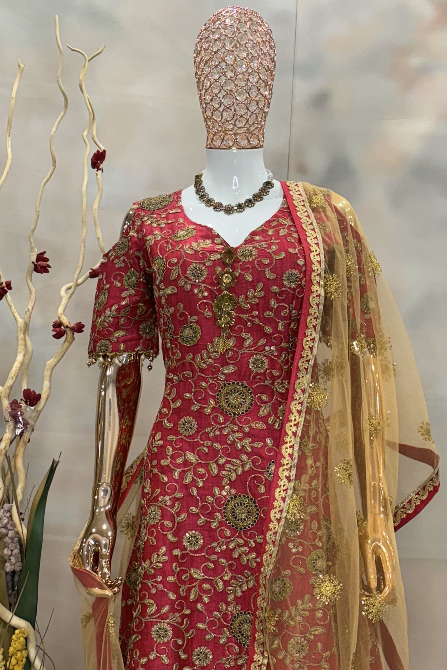 Red Embroidered Anarkali with Golden Net Dupatta