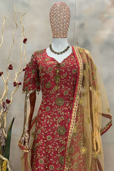 Red Embroidered Anarkali with Golden Net Dupatta