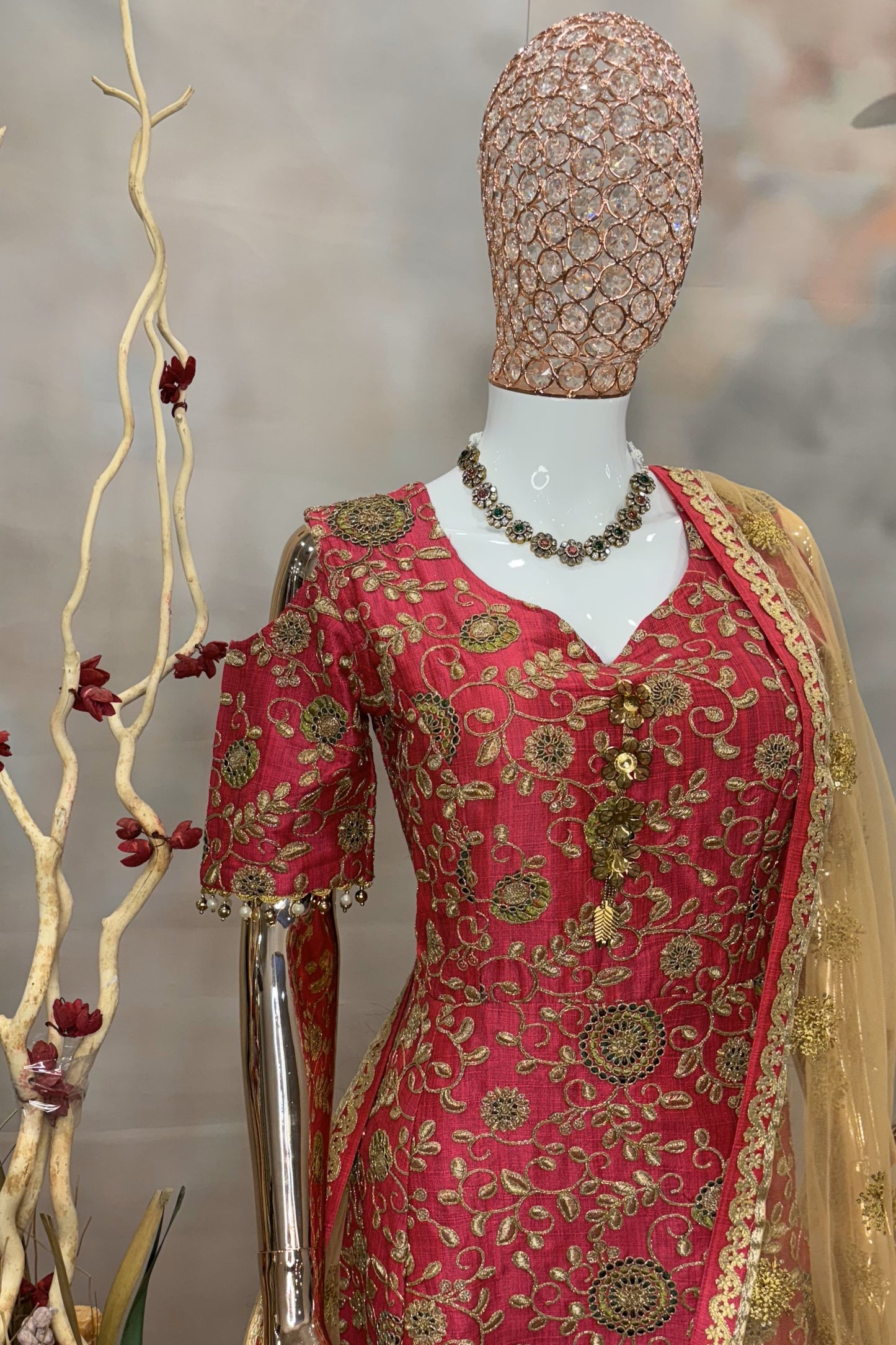Red Embroidered Anarkali with Golden Net Dupatta