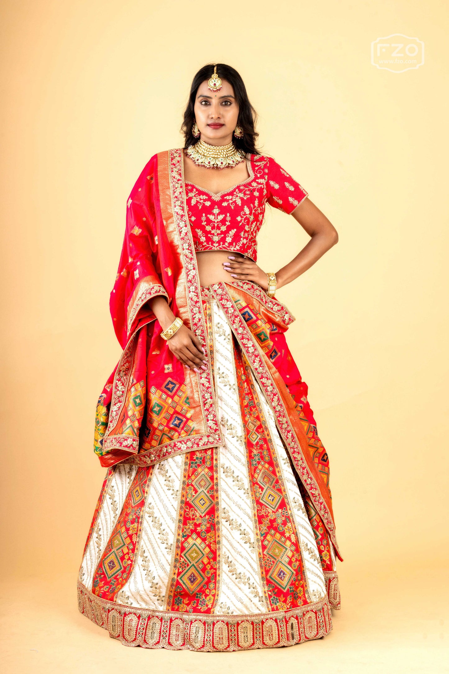 Royal Scarlet Banarasi – Red and White Printed Lehenga Set