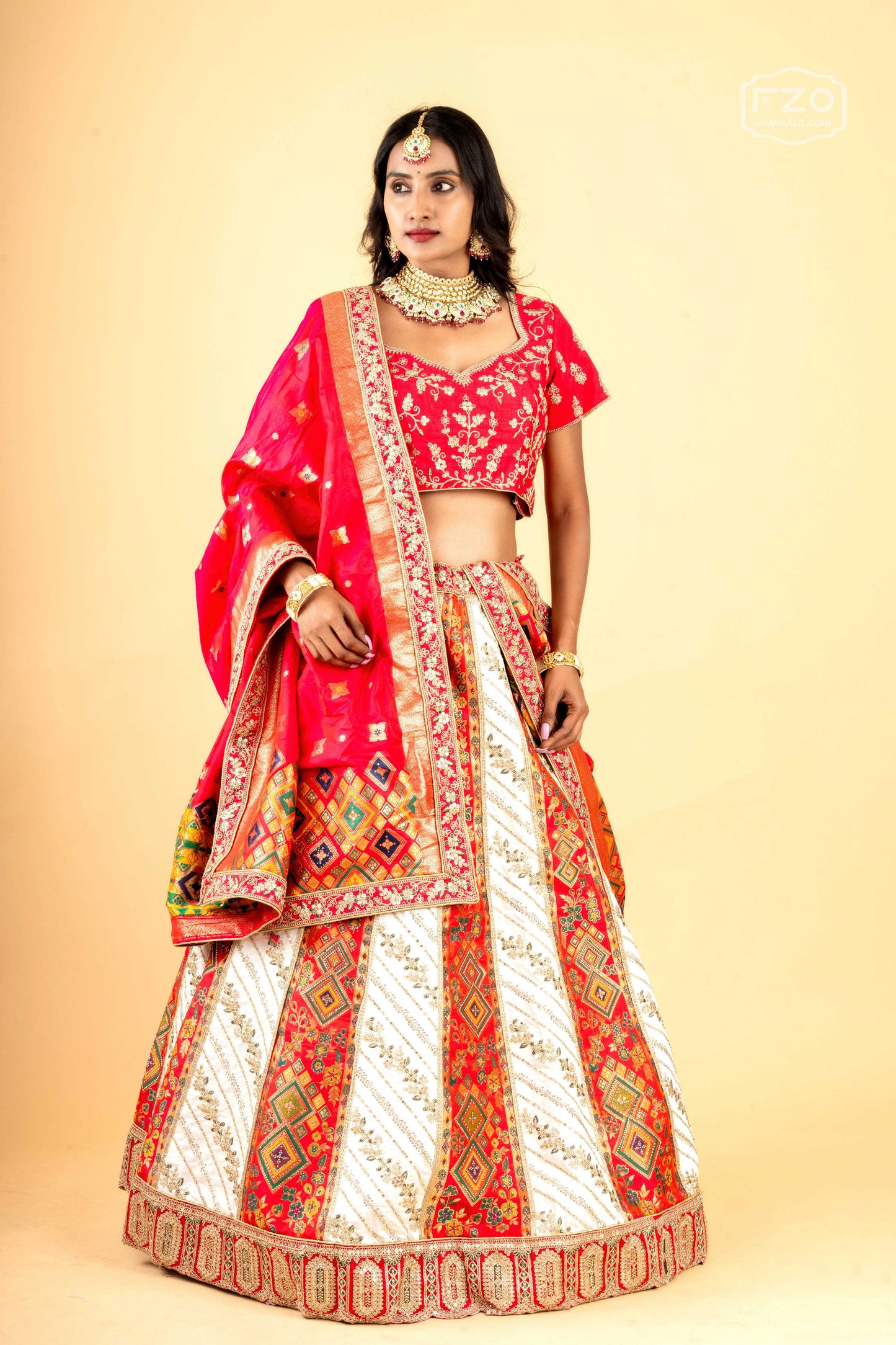 Royal Scarlet Banarasi – Red and White Printed Lehenga Set