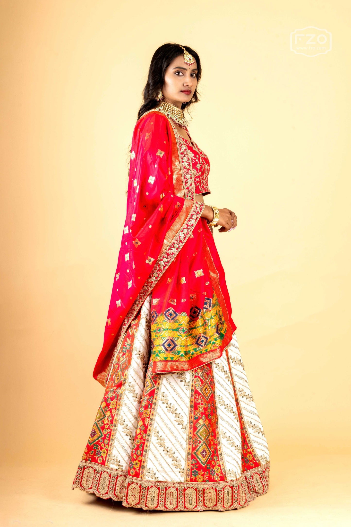 Royal Scarlet Banarasi – Red and White Printed Lehenga Set