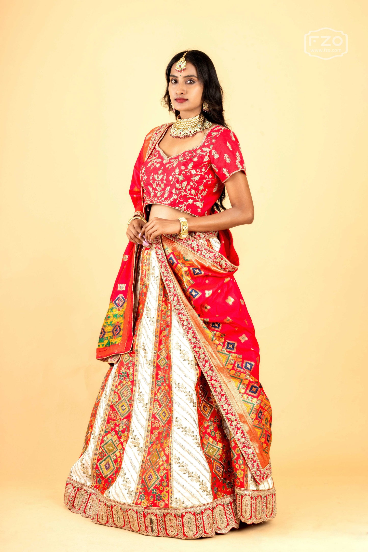 Royal Scarlet Banarasi – Red and White Printed Lehenga Set