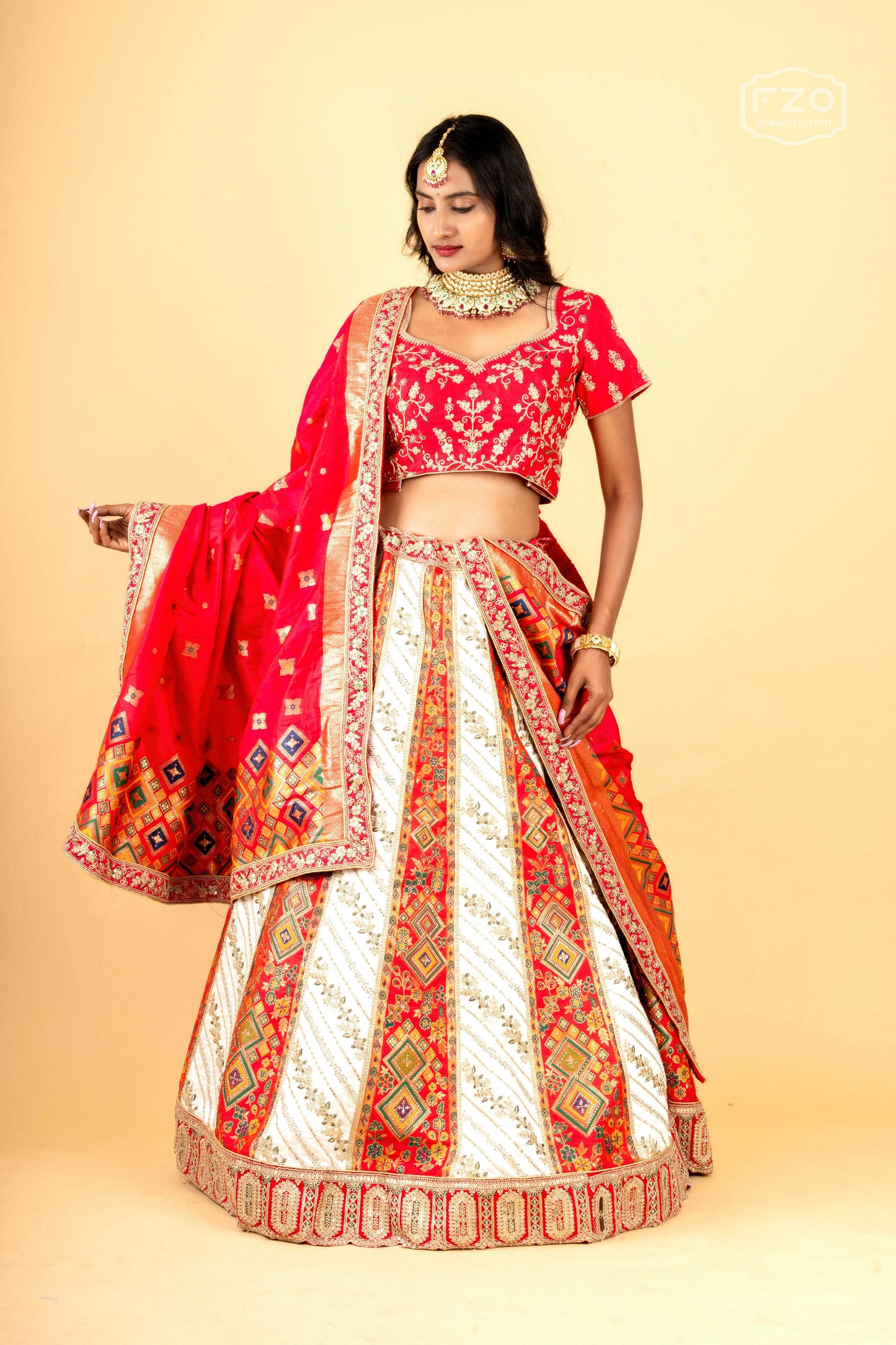 Royal Scarlet Banarasi – Red and White Printed Lehenga Set