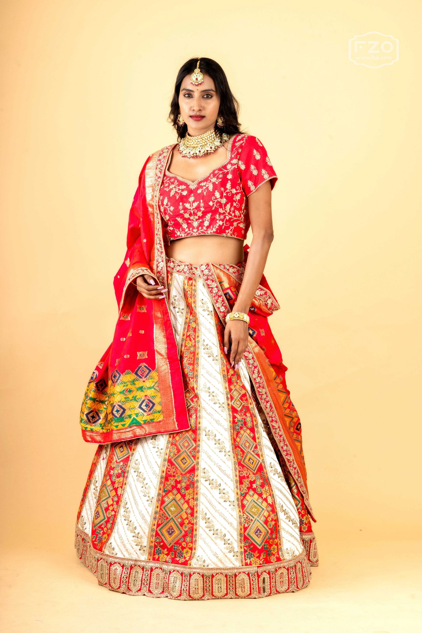 Royal Scarlet Banarasi – Red and White Printed Lehenga Set