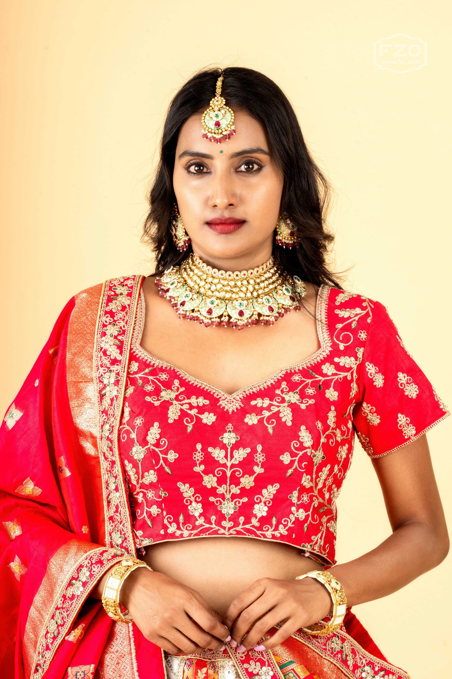 Royal Scarlet Banarasi – Red and White Printed Lehenga Set