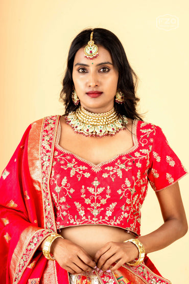 Royal Scarlet Banarasi – Red and White Printed Lehenga Set