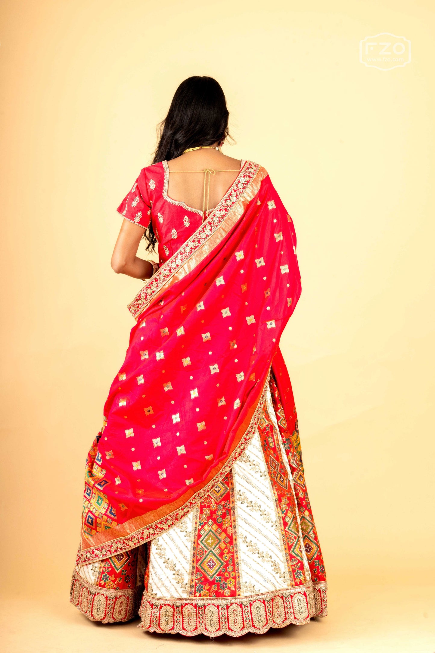 Royal Scarlet Banarasi – Red and White Printed Lehenga Set